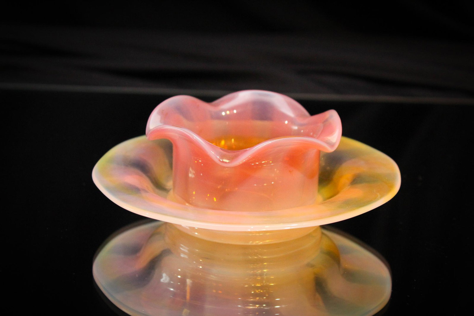Monet Stumph Opalescent Miniature Finger Bowl & Plate: What a cutie this little guy is. Can't recall the last time we had the bowl with the original underplate. Nice diminutive piece. Bowl is 1 3/4" tall. Plate is 5 1/4" in diameter.