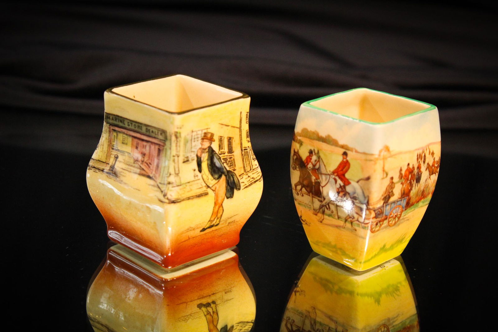 Pair of Royal Doulton Scenic Toothpick Holders: Seldom found Royal Doulton Toothpick Holders. Nice scenic decoration on each. Tallest measures 2 1/4" tall.