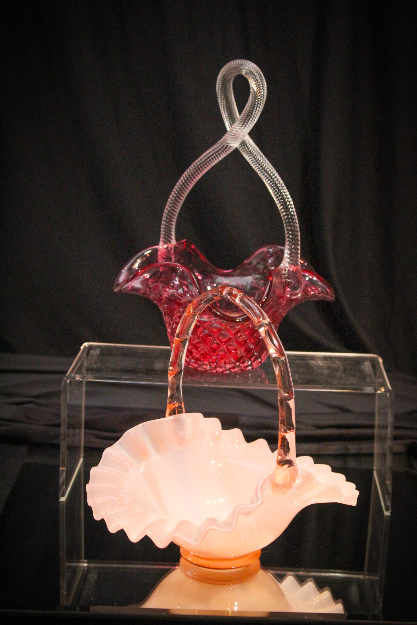 2 pc Lot Art Glass Fenton & Murano Baskets: Two baskets. One for each hand. Ever have the need to carry a lot and never can hold it all? Well folks, take advantage of these gems. A Fenton rose overlay and a Murano exterior diamond quilt example
