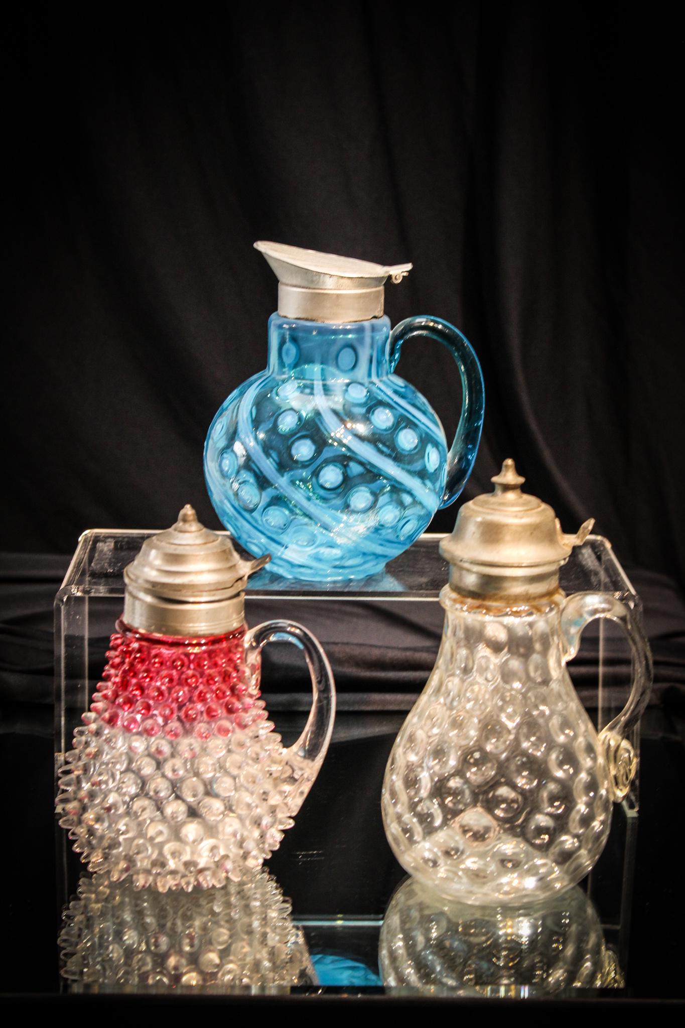 3 pc Lot Victorian Hobbs & More Opalescent Syrups: Ever have the need for lots of maple syrup and perplexed as to where to put it all? Here's the water to quench that thirst for answers. Three Victorian syrups to include a Hobb's rubina hobnail, a blu