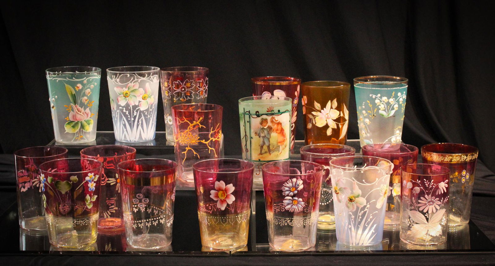 19 pc Lot Desirable? Victorian Art & Cut & Enameled: We were told by a note left in the box these are some of the most desirable tumblers in this lot. Folks, we gladly thanked Helen Keller for doing her appraisal. Can you believe another lot like the on