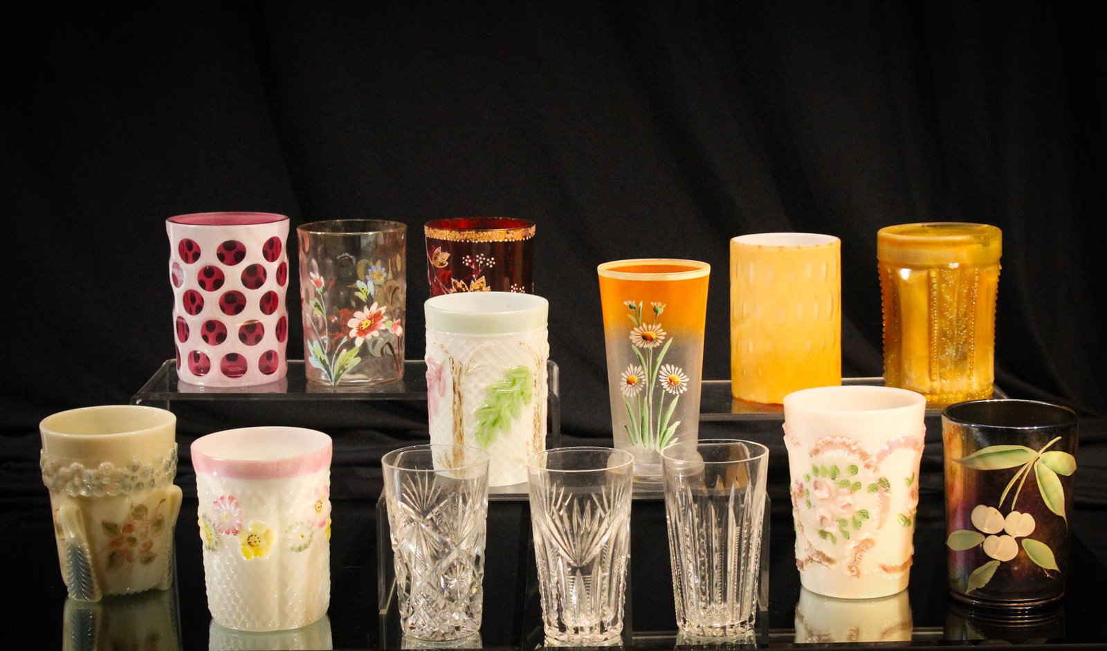 14 pc Lot Victorian & More Art Glass Tumblers: I'll bet your saying to yourself you can't believe there are more tumblers. They seem to go on and on and on. Ok. We know it already. But this is the last lot. We promise. Great groupiing of Art glass