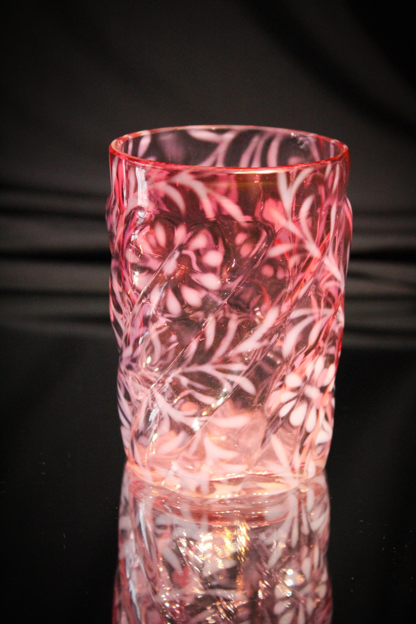 Northwood Cranberry Opalescent Daisy Fern Parian Swirl: Scarce Northwood Cranberry Opalescent daisy and Fern in the parian swirl mold Victorian Tumbler. Tough to find these tumblers. Measures 3 7/8" tall.