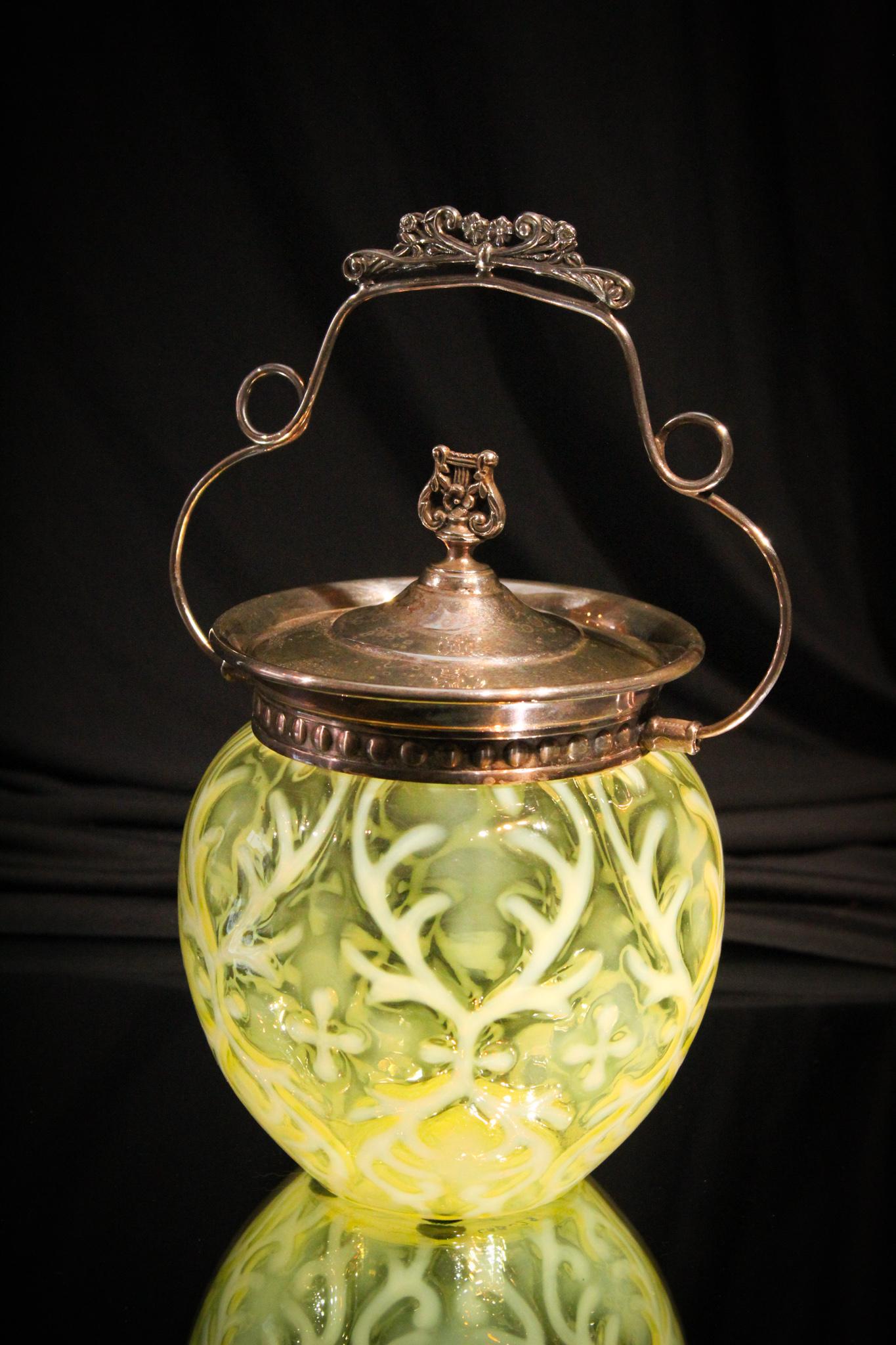 Vaseline Opalescent Spanish Lace Biscuit Jar: How in the world do we acquire this stuff you ask? Well first of all we offer the lowest consignment fee to the consignor out there. Secondly, we have already built in this short time a reputation for