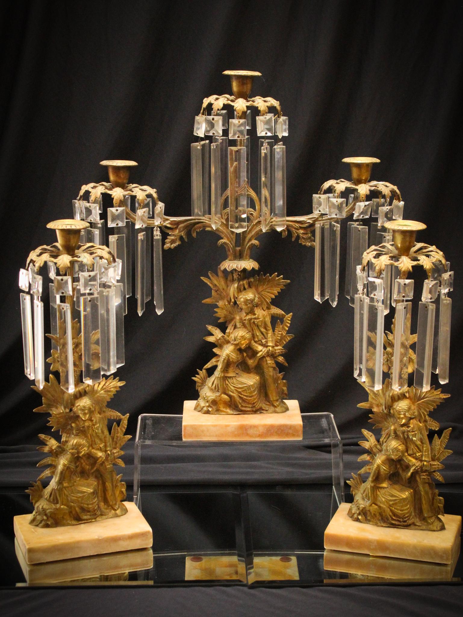 3pc Victorian Girandole Candleabrum Couple set: Nice Complete Victorian Girandole Candleabrum Mantle set. Original Crystals and ptina. Tallest measures 16" of pur heaven.