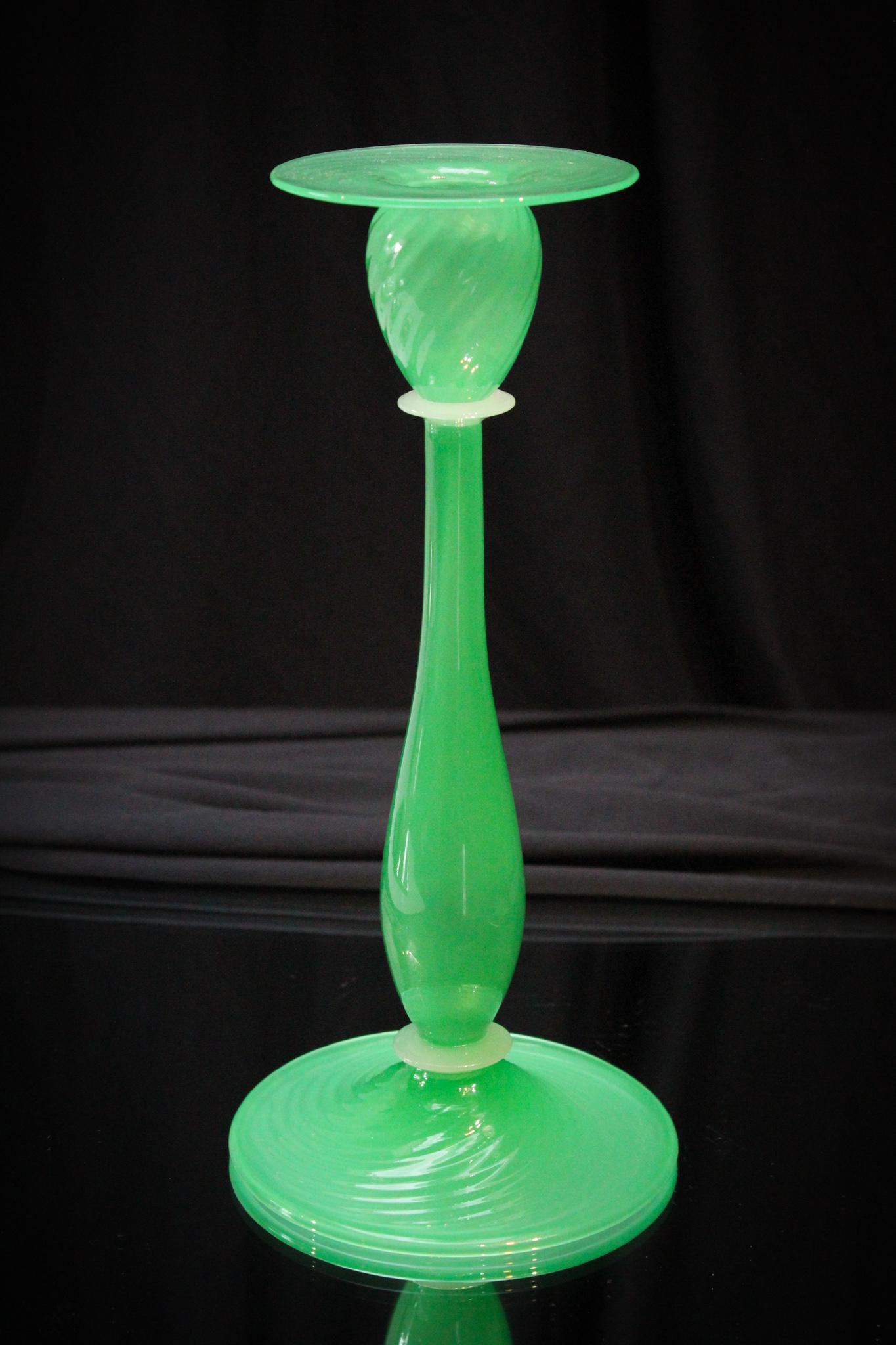 Steuben Glass Jade Alabaster #6270 Candlestick: Steuben glass jade and alabaster #6270 design candlestick. Extraordinary piece and great to complete your single. Measures 10" tall.