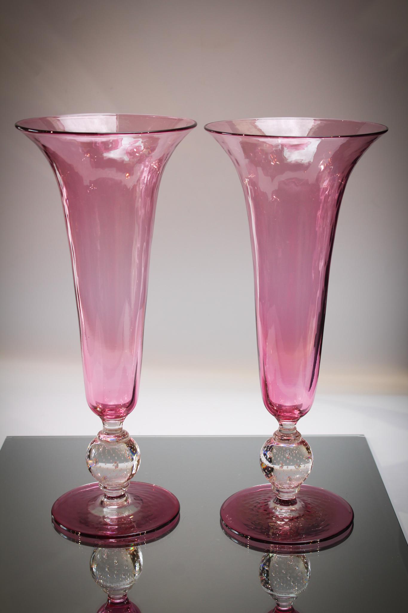 Pr. Pairpoint Rosaria Controlled Bubble Vases: Pair of Pairpoint Rosaria vases with controlled bubble stems. Seldom seen this nice and nice coloring. Each measures 12" tall.
