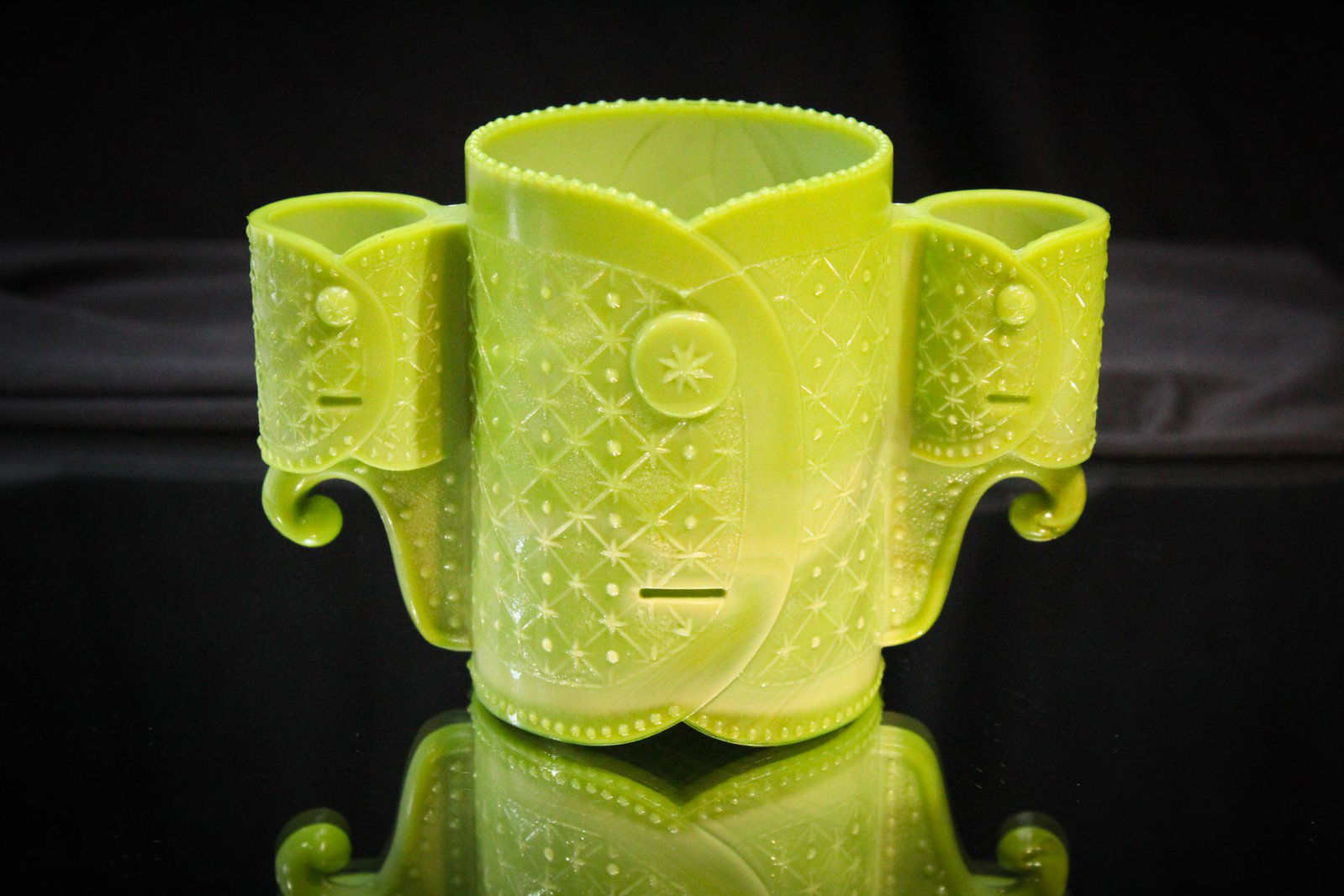 Greentown Nile Green Glass Cuff Set: How could we do this yet again. Now a Nile green example? Seriously? Well, would you expect any less from us? This one is a honey too folks. Great color and detail. Go find one.