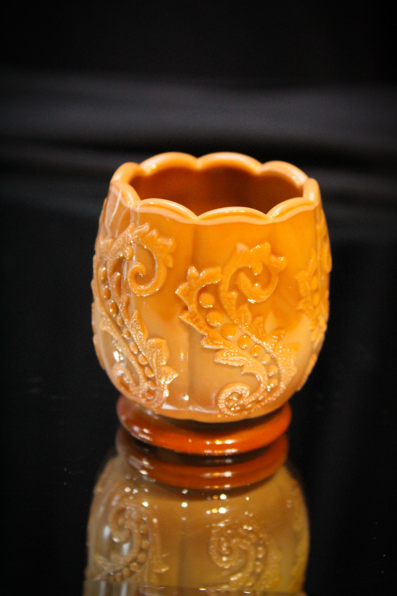 McKee Chocolate Glass Chrysanthemum Toothpick Holder: This is one of our favorite chocolate glass patterns and this example is outstanding. Great color, detail and form. You want the best? Here it is. Measures 2 3/8" tall.
