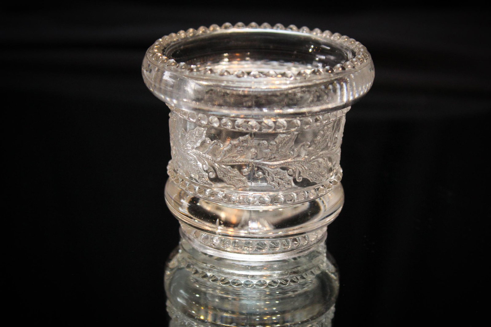 Greentown Holly Clear Toothpick Holder: These are difficult to find. Easily overlooked but so unusually uncommon. This Greentown Holly pattern toothpick is just what you need to complete your toothpick or Greentown collection. Measures 2 1/