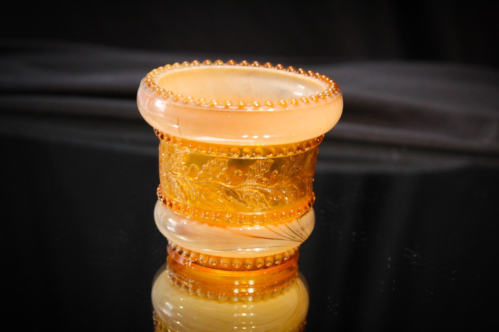 Greentown Holly Amber Toothpick Holder: This is a killer example. Perfection at it's best. Great coloring and condition on this one folks. Measures 2 1/2" tall.