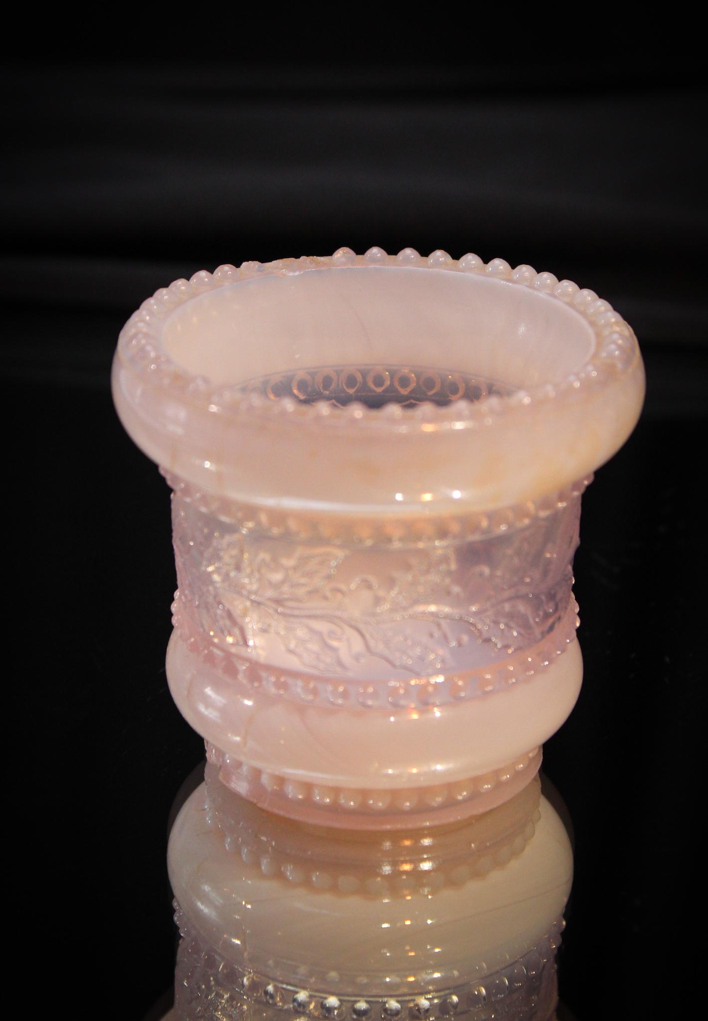 Exceptionally Rare Greentown Rose Agate Toothpick: Well now. What do we need to mention about this little gem. When is the last time a piece of Greentown Rose agate has been offered. Especially the toothpick holder. Yes, there is some base chipping an