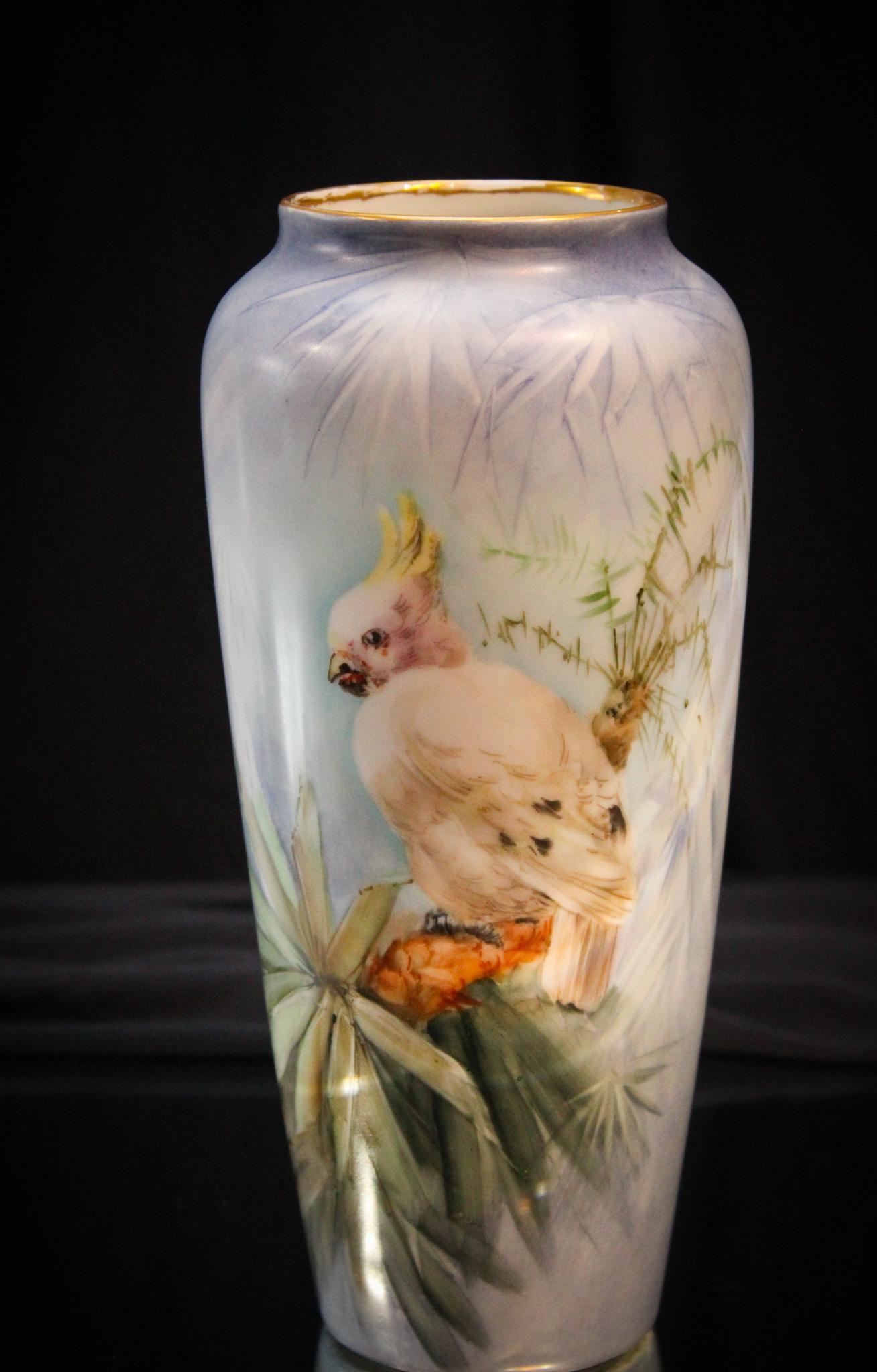Bavaria Porcelain HP Cockatoo 10" Vase: We love cockatoos. Such charming birds and very intelligent. The owners of the company actually have a couple. They are beautiful birds that can really express themselves. This Bavarian porcelana vase