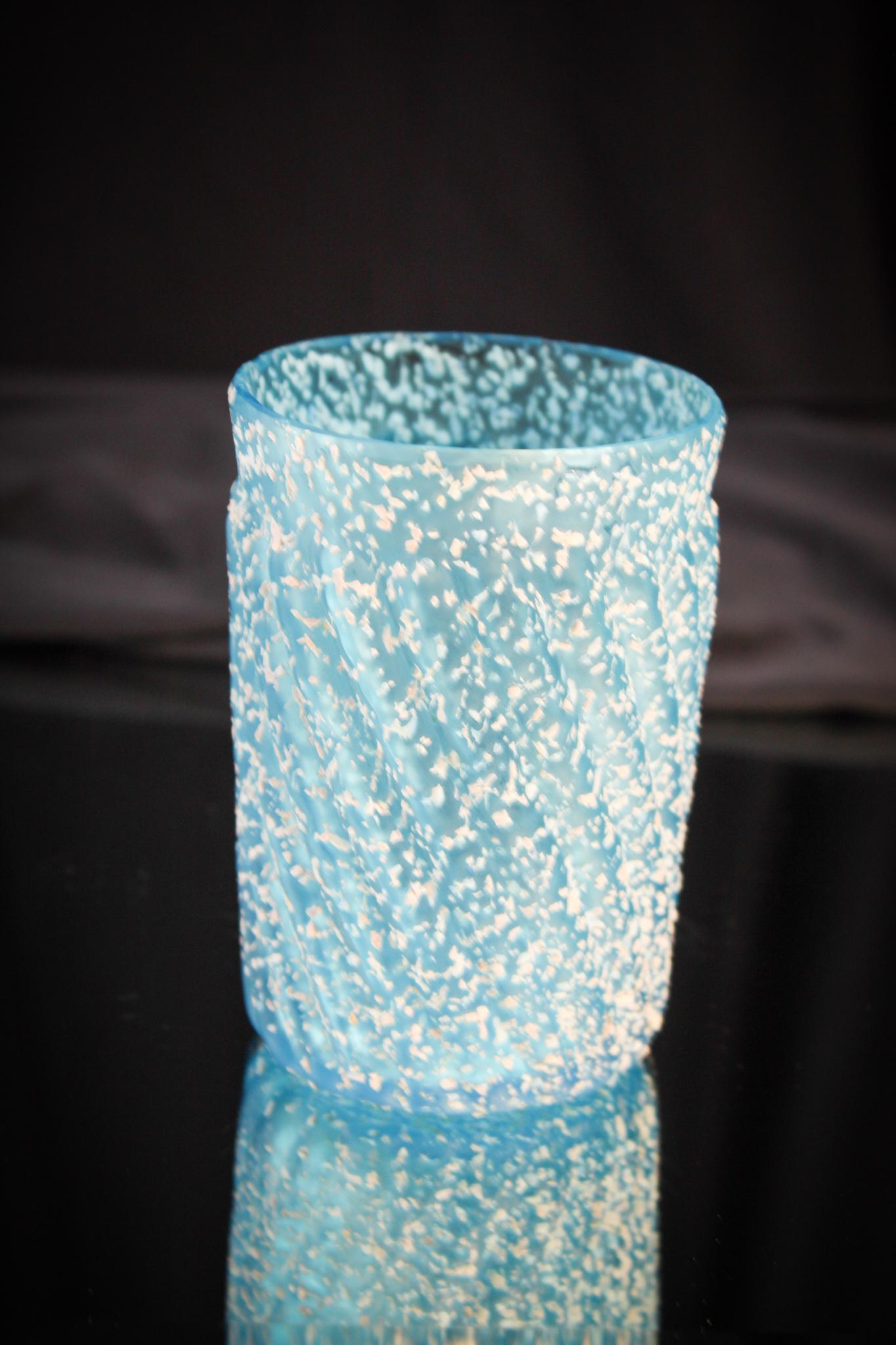 Reverse Swirl Blue Frit Victorian Tumbler: This Reverse swirl pattern Victorian tumbler has the best deep blue color. Full height with original rim. Measures 3 3/4" tall.