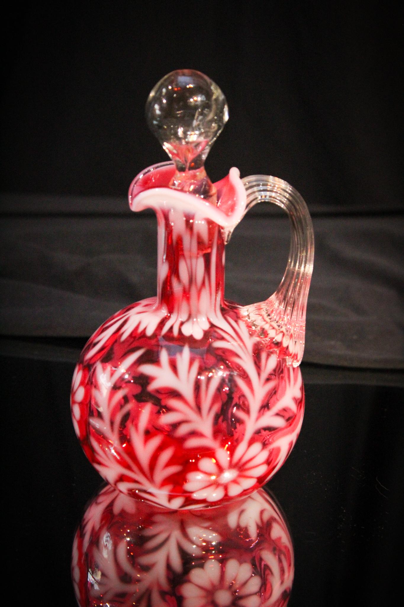 Cranberry Opalescent Daisy & Fern Cruet: Always a favorite pattern. Popular daisy and fern in the ball shape cruet. Clean example. Measures 6 1/2" tall.