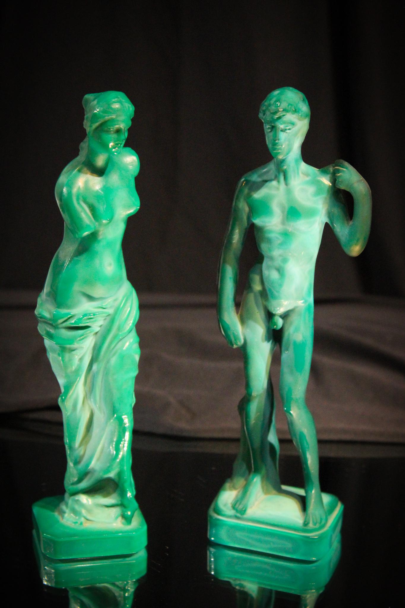 Art Deco Malachite Moser Glass Figurines Signed: One of these figures is signed Moser as shown. Great examples measuring 8 1/4" tall for the tallest.