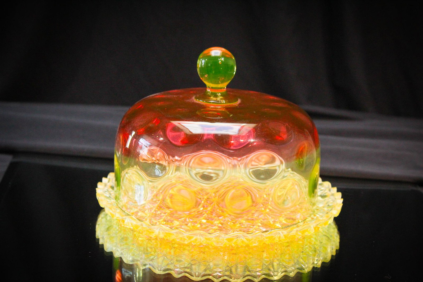 Hobb's Cranberry Vaseline Glass Cheese Dish.: What a lovely this is with the most perfect color one could want in rubina verde. Complete with orignal daisy and button underplate, this is one showy piece. Measures 4 3/4" tall.