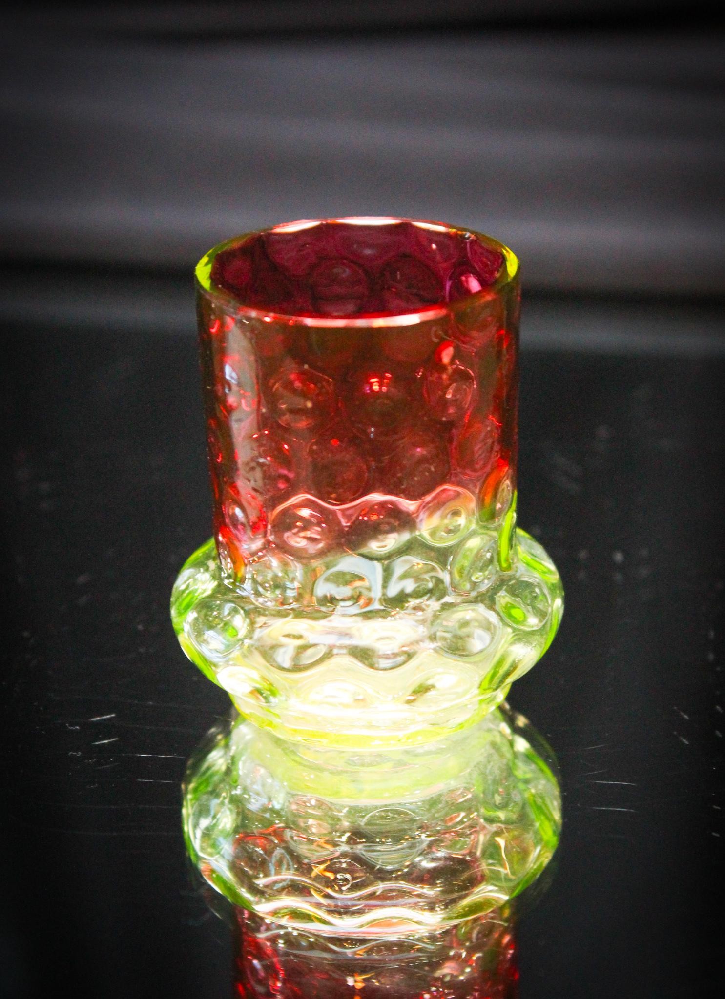 Hobb's Cranberry Vaseline Glass IVT Toothpick Holder: OMG. This toothpick holder is such a find. Look at the color. Perfect. Ladies and gentlemen and undecided, raise up your bidding fingers for this one! Such a great piece and difficult to find. Measure