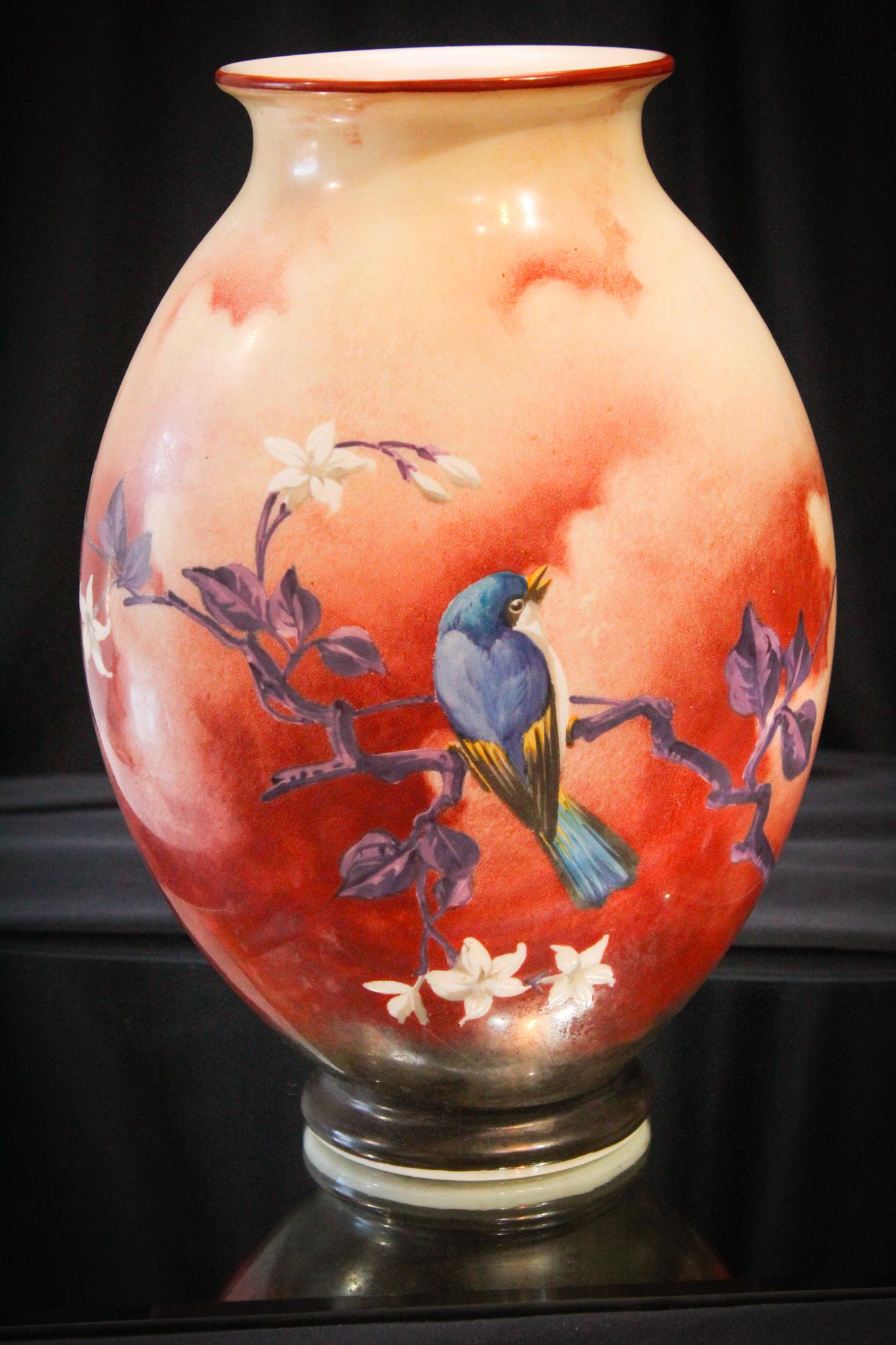 Baccarat 12" Decorated Opalware Victorian Vase: Massive 12" tall signed Baccarat decorated opalware vase in oriental style with birds.