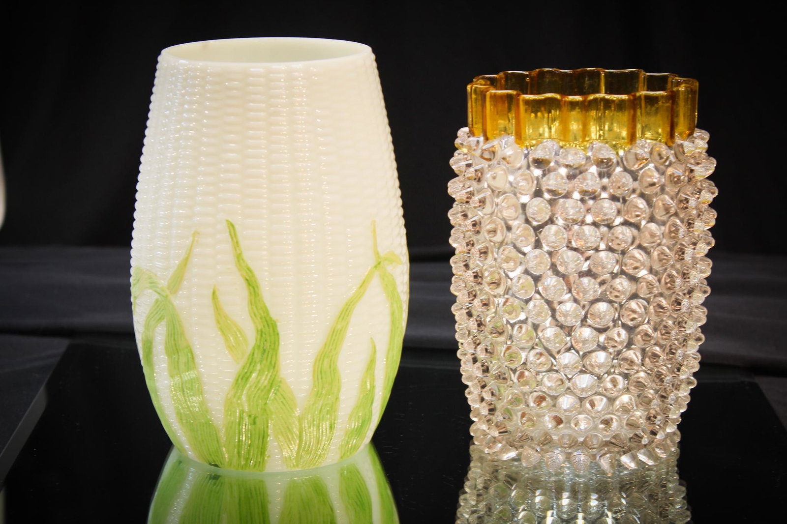 2 pc Lot Victorian Libbey Hobb's Celery vases: Neither of these show up often. How about a Francesware honail and a Libbey Maze celery vase? Great examples with nice coloring. Each measuring 6 3/4" tall.