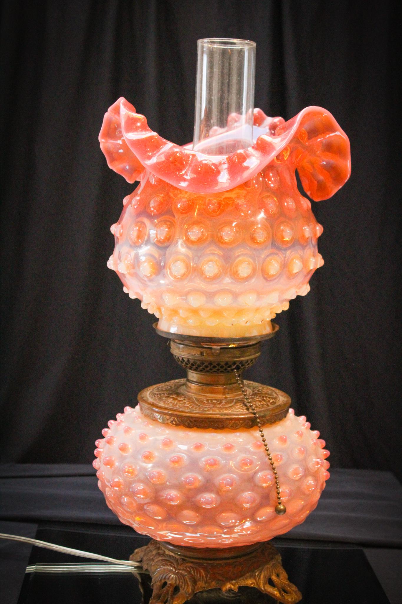 Very Rare Hobb's Hobnail Pink Opalescent glass Lamp: For all you Hobb's and Lamp collectors out there, take note of this one. Look at this lovely. Full size Gone with the wind lamp in pink/peach opalescent hobnail pattern. What more to say about this ra