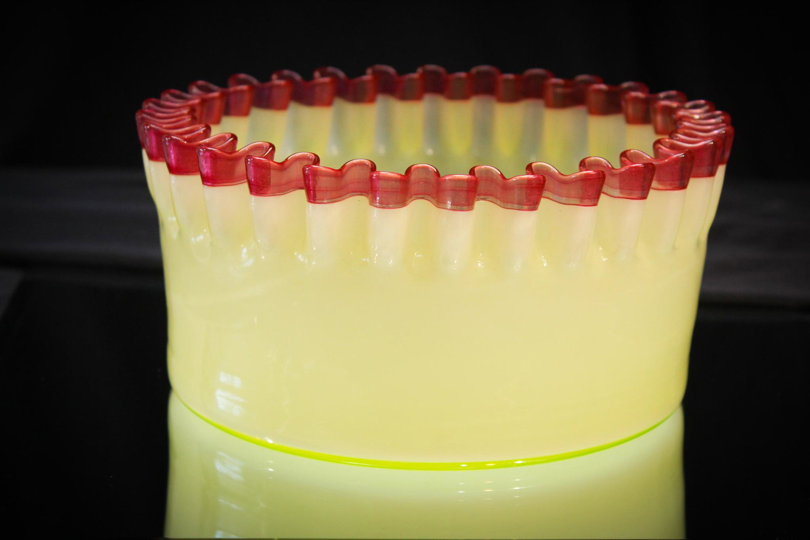 Hobb's Vaseline Cranberry Victorian Bowl: Yes, yet another piece of Hobb's. This one in a vaseline opal glass bowl with applied cranberry edge. Measures 4" tall, 8" wide.