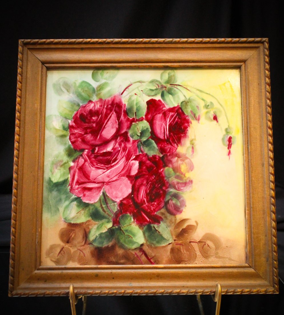 Rose Decor Framed Tile Plaque: This is a cutie. Hand painted tile plaque set in frame. Rose decoration. Tile measures 8" square and 10 1/4 square framed.