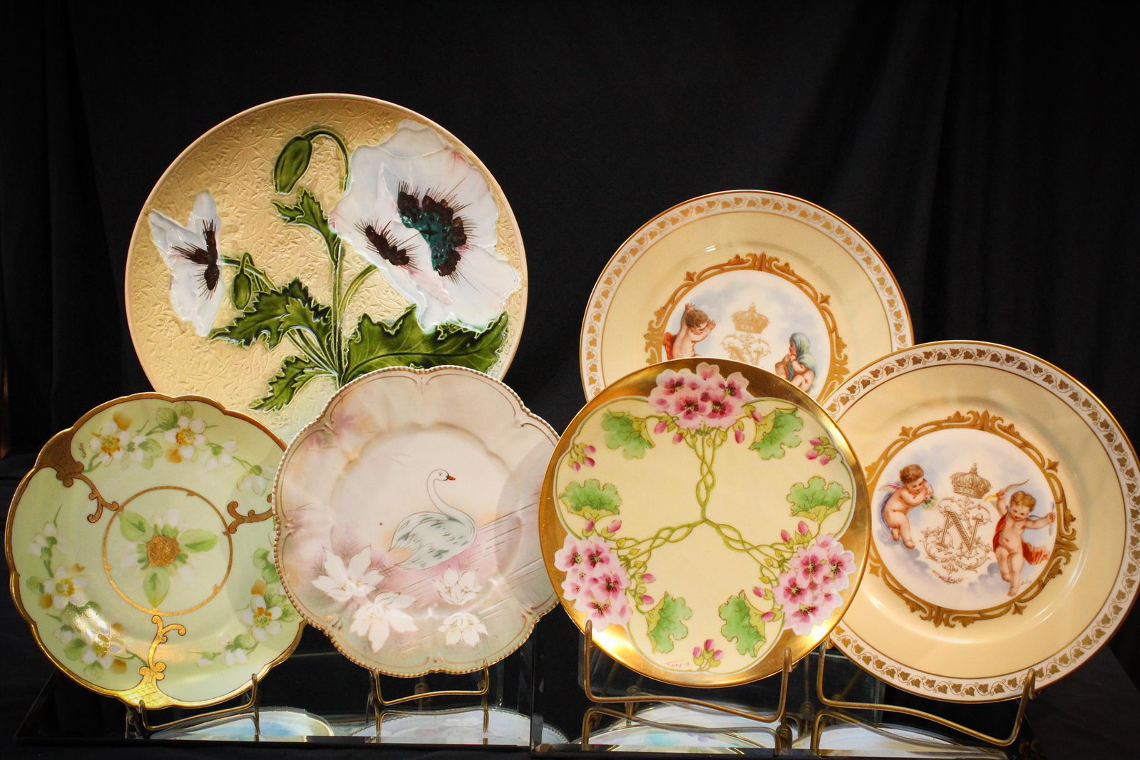 6 pc Lot Prussia Sevres Pickard HP Plates: Quite the assortment here folks. An array of fine porcelain by makers such as Pickar, Sevres, Prussia, etc. Including a large charger. Largest measures 12".