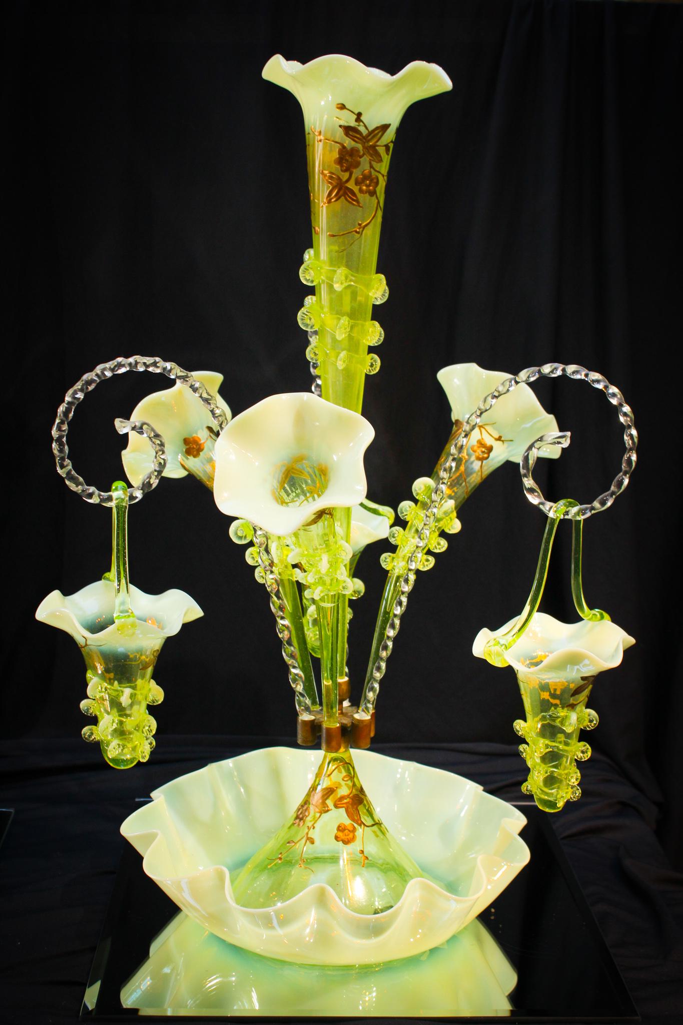 Rare Vaseline Opalescent Victorian enameled gilt: Folks, over the years we have had many Victorian epergnes but none in the calibur of this one. The fact it is gilt enameled simply puts this in a class all of it's own. Never have seen one before. Wel