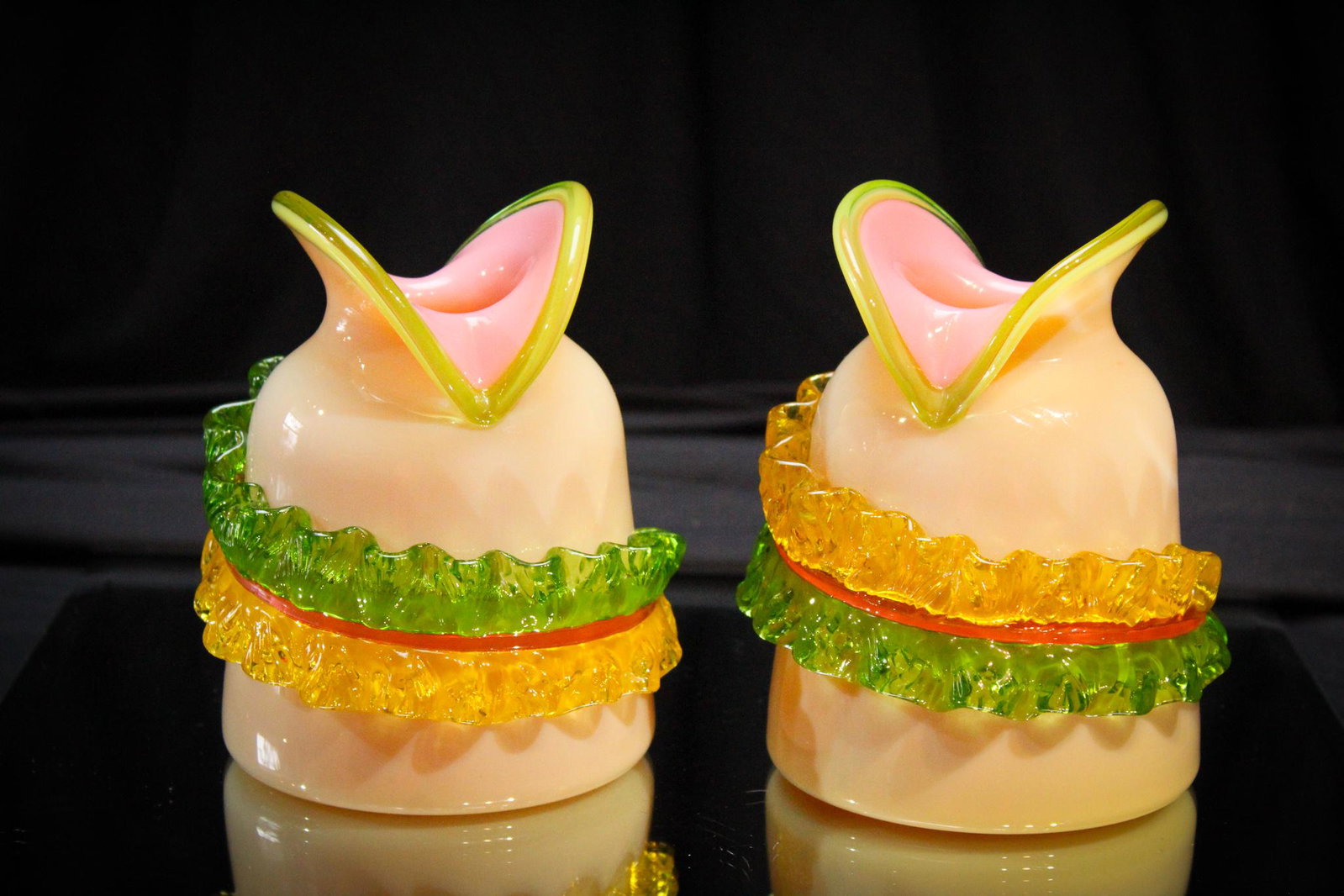 Pair Stevens & Williams applied Victorian Glass Vases: Killer matched pair of Victorian Stevens & Williams applied glass leaf vases. Colorful leaves and rim applied to the cabinet size pieces. Each measures 5 1/4" tall.