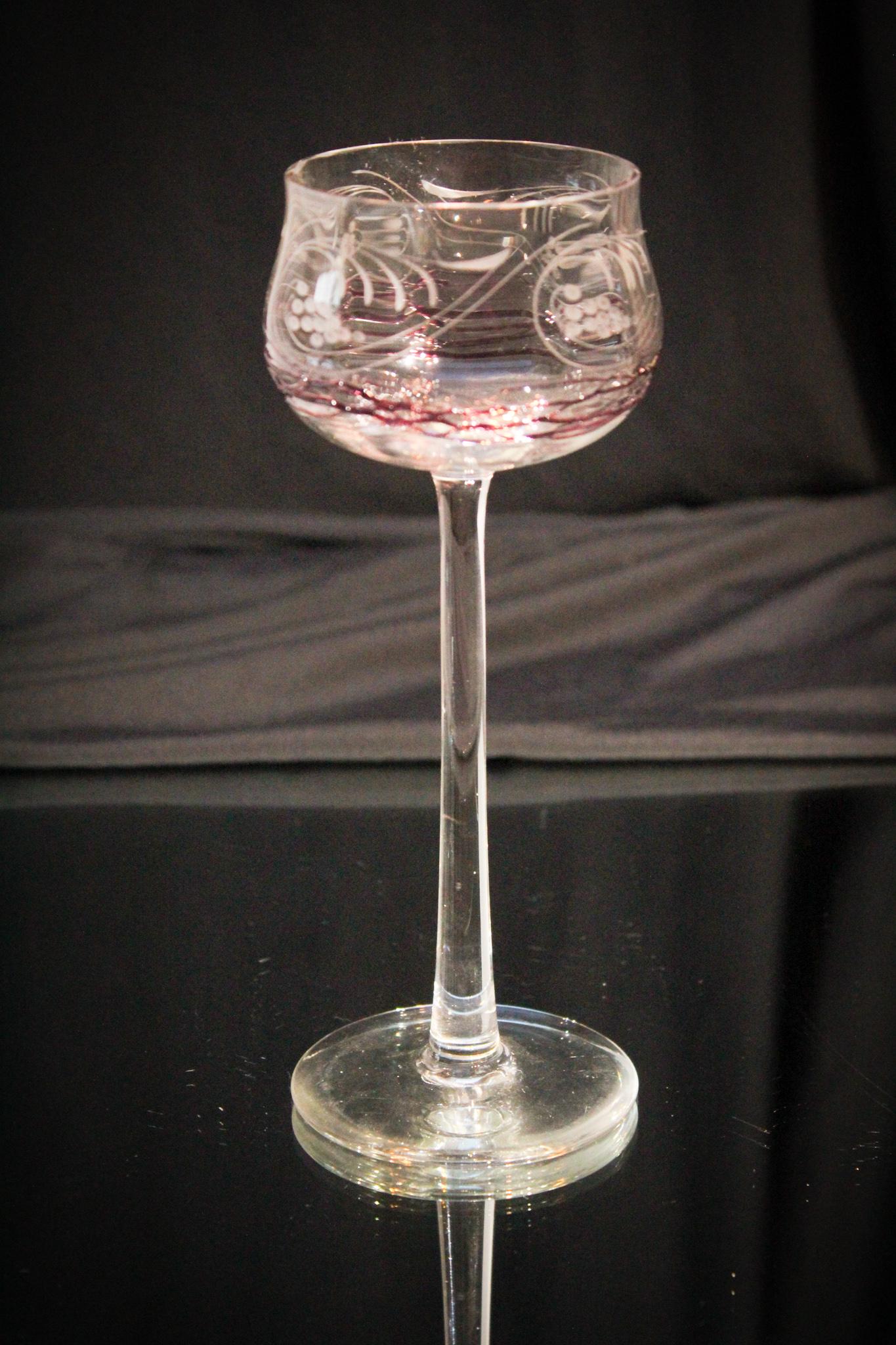 Unusual Bohemian Amythest threaded & engraved Goblet: Wonderful Bohemian Amythest threaded and engraved goblet. Lot going on here folks. Beautiful example.