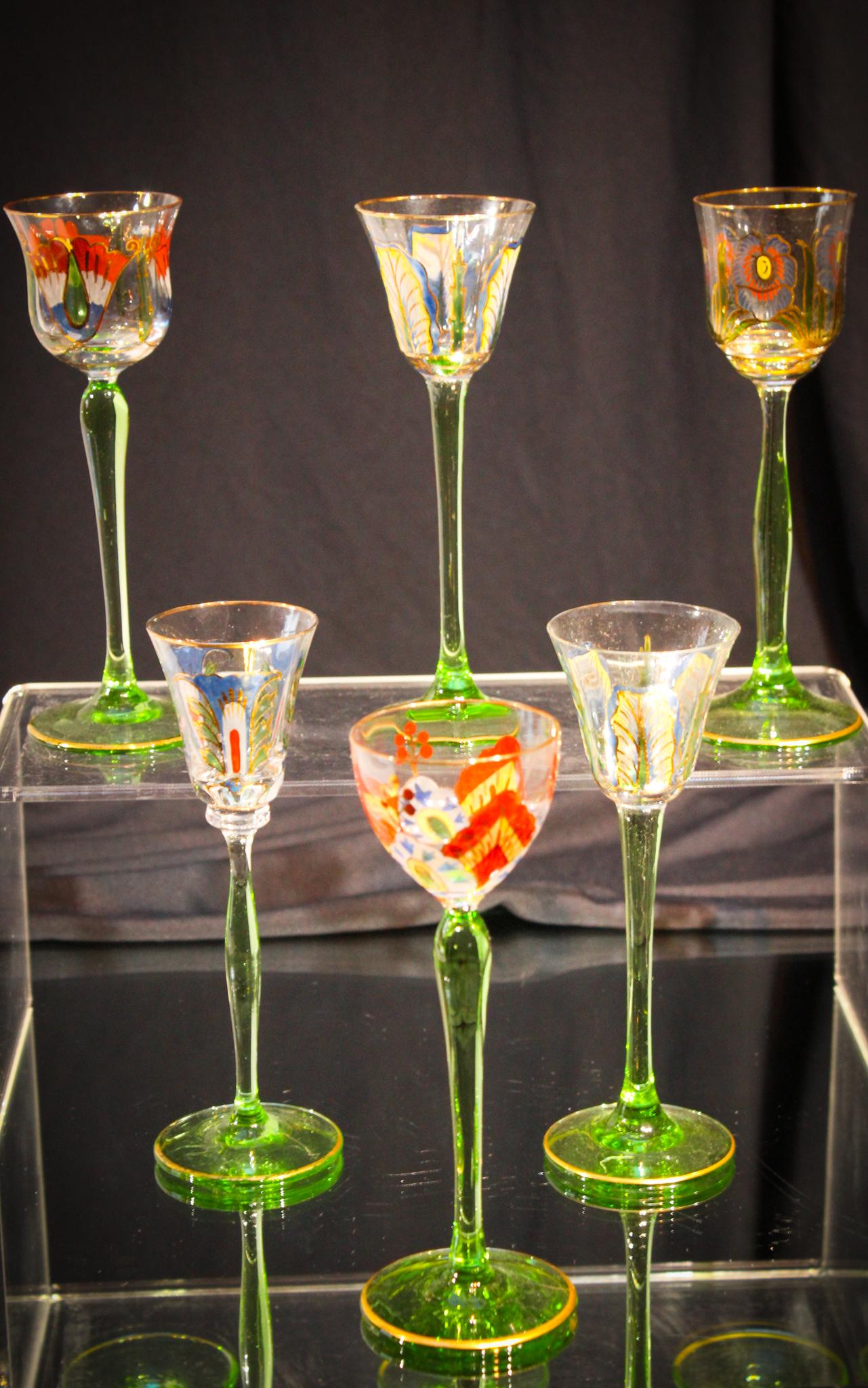 6 pc Lot Meyers Neff Theriesenthal Cordials: Such a nice offering here. A complete set of 6 Theriesenthal enameled Cordials. Each unique. Each measures 5 3/4" tall.
