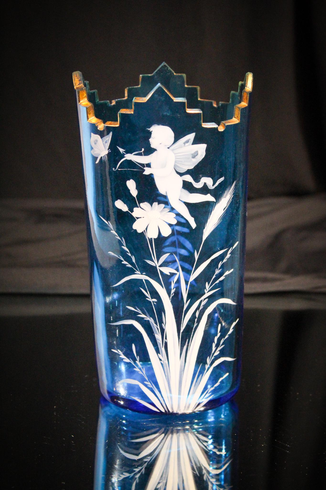 Cut mary Gregory Cherub & Butterfly Victorian vase: We love this. How truly Victorian. How do we have such wonderful things in our auction? It's simple. We are very fair to the consignors offering the lowest consignment fee and offer the best prices re