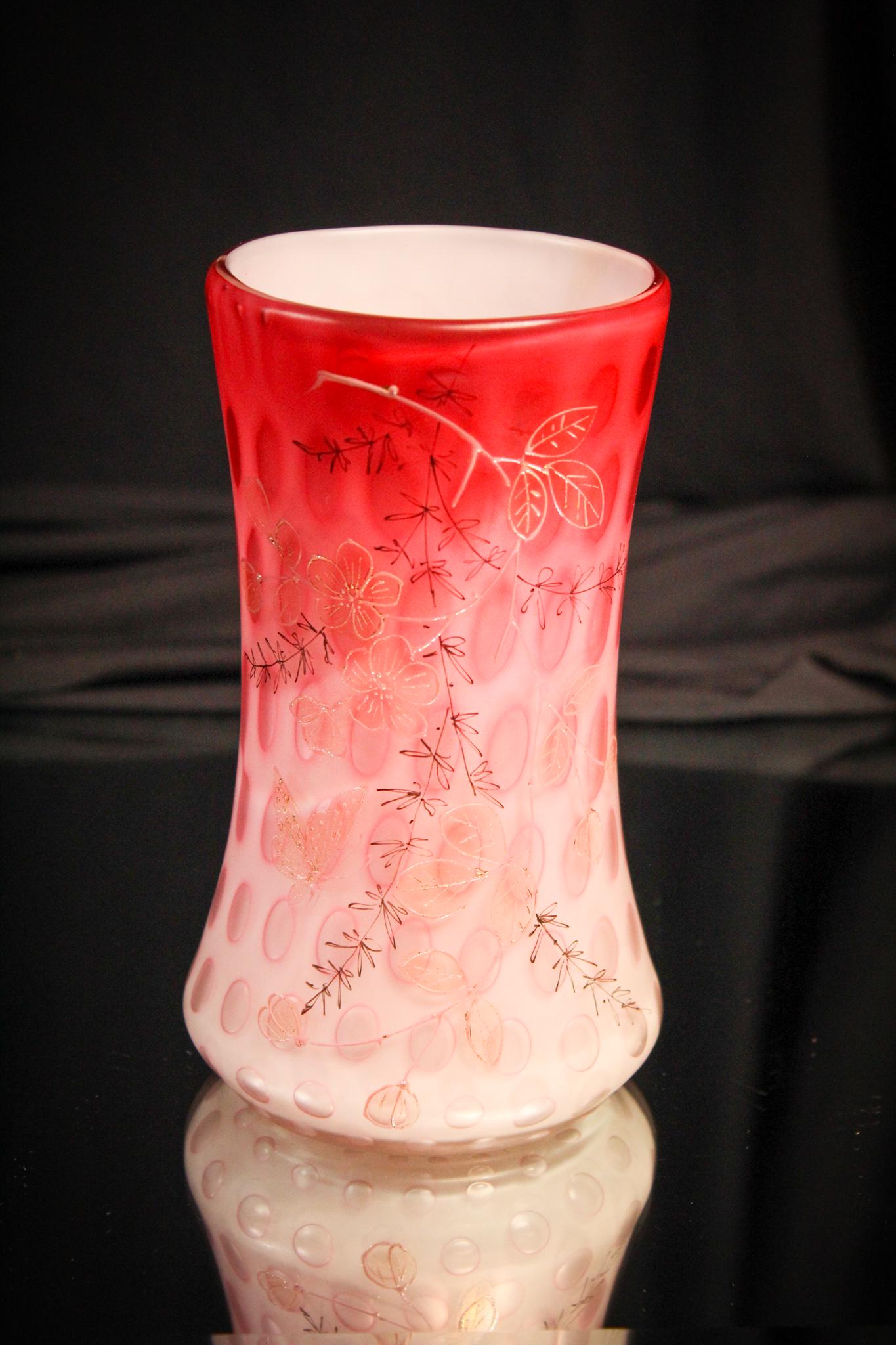 Phoenix Glass Mother of Pearl Enameled Celery Vase: Now folks, this is a pretty example of Phoenix glass in their luscious coinspot or large raindrop pattern. Piece is masterfully decorated with such enameling it doesn't take away from the beauty of th