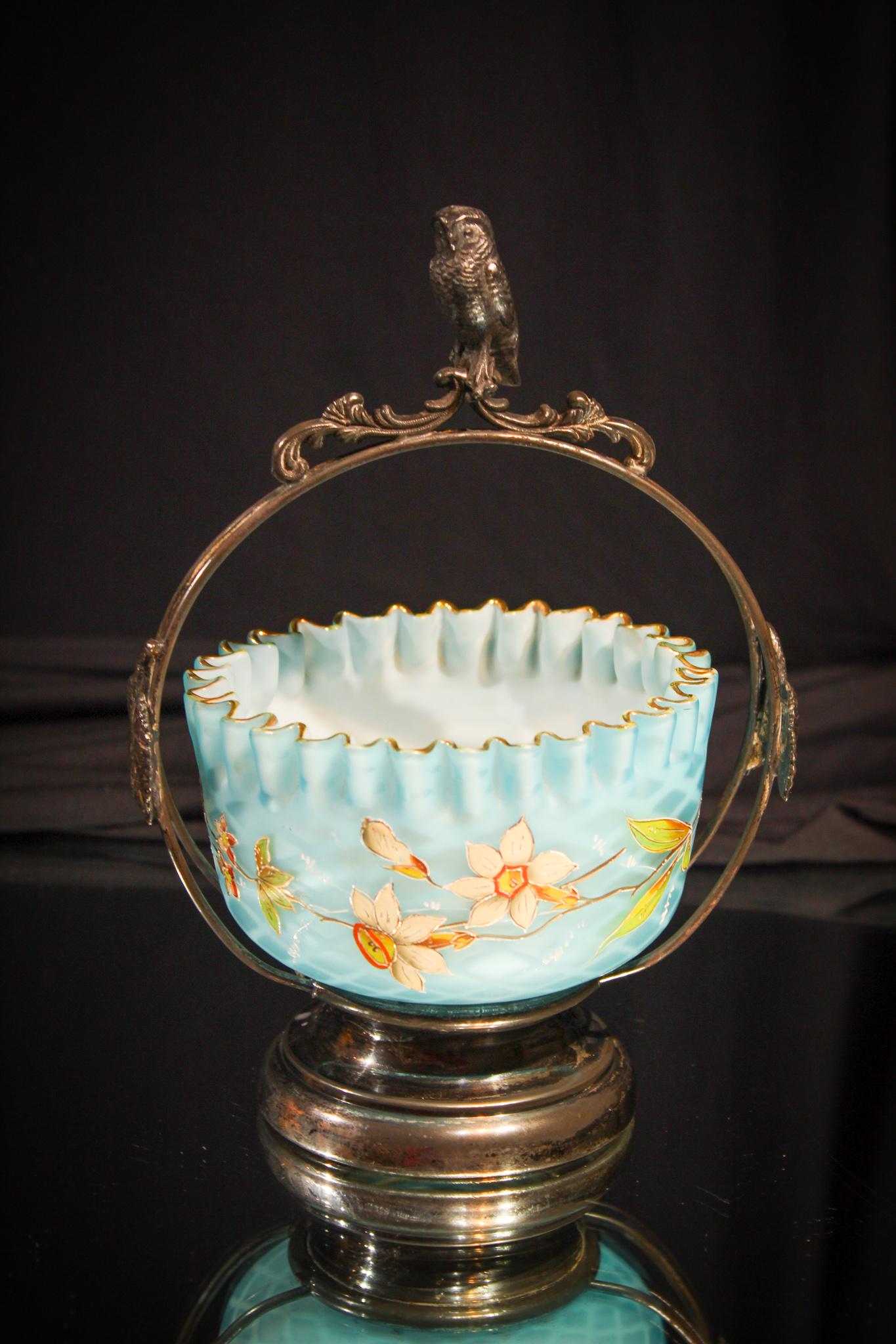 Very Rare Mother of Pearl Miniature Brides Bowl: Okay. So Ladies, Gents, and Undecided. Lets give a fine round of applause for this incredible piece of Victoriana. A figural with owl Victorian silverplate MINIATURE brides basket frame cradling ablue