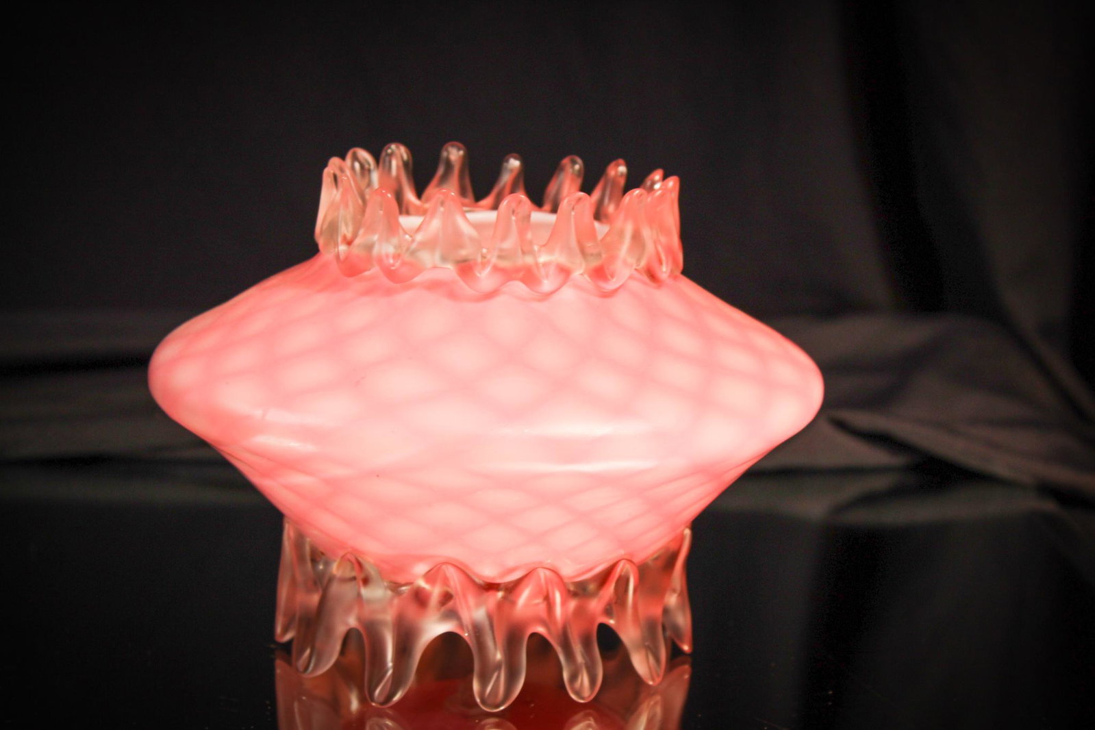 Victorian Cut Velvet Glass Crown Top Vase: What a killer piece of cut velvet glass. From the applied feet, to the color, to the applied crown of glass on the top. Stunning. Measures 5" tall.