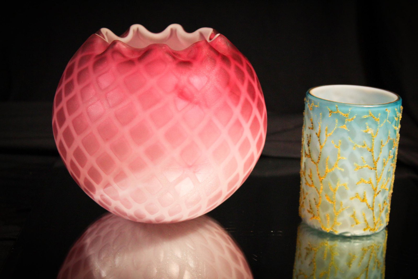 Mother of Pearl Rose Bowl & Coralene Tumbler: Two Piece lot of Mother of Pearl to include a Mauve Rosebowl and blue tumbler with Coralene dÃ©cor. Nice. Tallest measures 5 1/2" tall.