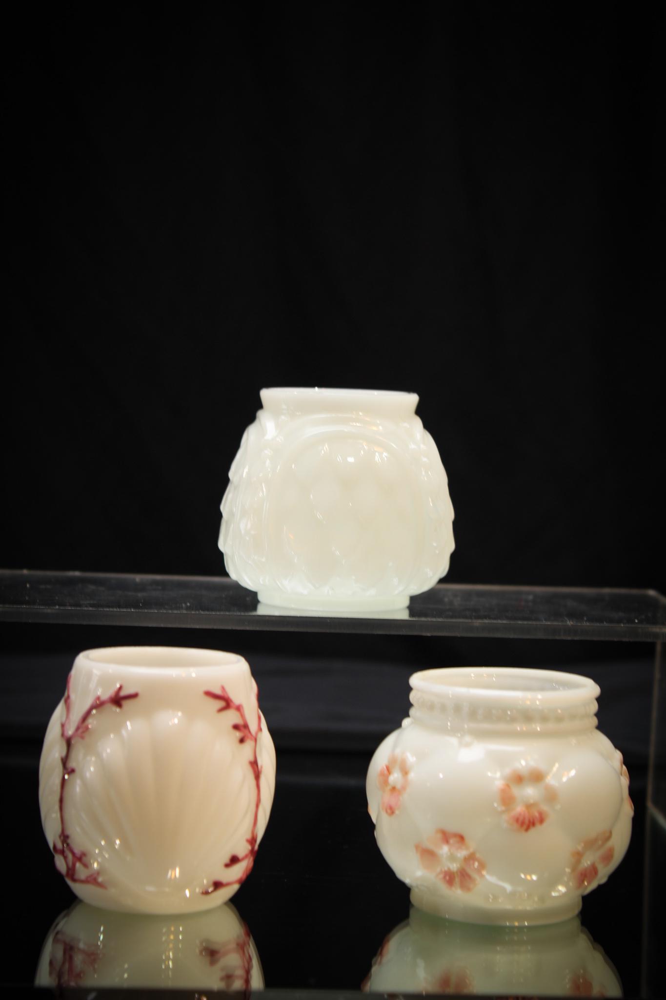 3 pc Lot Victorian Milk Glass Toothpick Holders: Here we have 3 nice Victorian toothpick holders. A crocodile tears, a shell and seaweed, and a florrete.