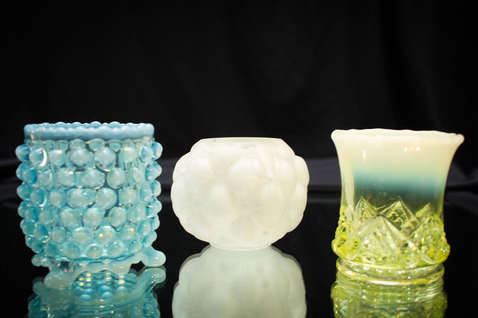 3 pc Lot Victorian Opalescent Cased Toothpick Holders: Three gems here. A white cased Florette pattern, a vaseline diamond spearhead, and a Beatty Hobnail in blue. Great pieces.