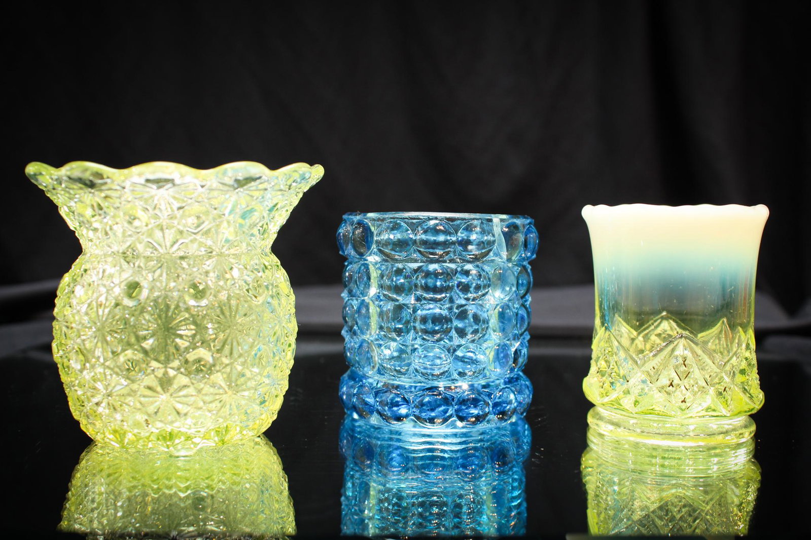 3 pc Lot Victorian Toothpick Holders: Another fine offering including a vaseline Daisy & Button, a blue Thousand Eye pattern, and a vaseline Diamond Spearhead examples.