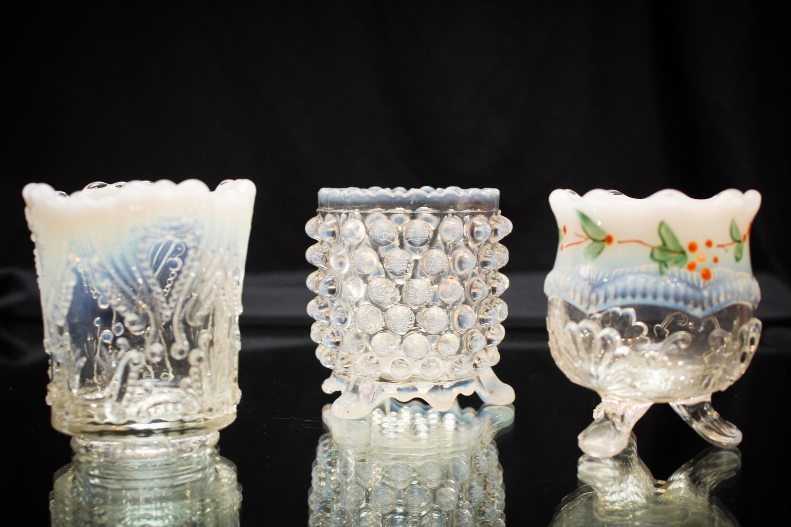 3 pc Lot Opalescent Victorian Toothpick Holders: Nice assortment here folks. Here we have examples of Idyll, decorated Wreath & Shell and Beatty Hobnob. All very nice.