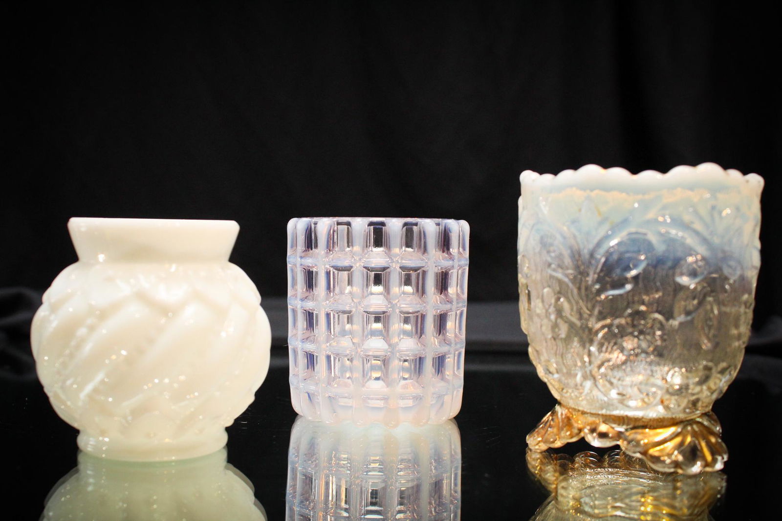 3 pc Lot Opalescent Victorian Toothpick Holders: Quite the array here. Three Victorian toothpick holders represented by milk glass Leaf and Swirl, opalescent Flora with gold, and a sunpurple Beatty Honeycomb.
