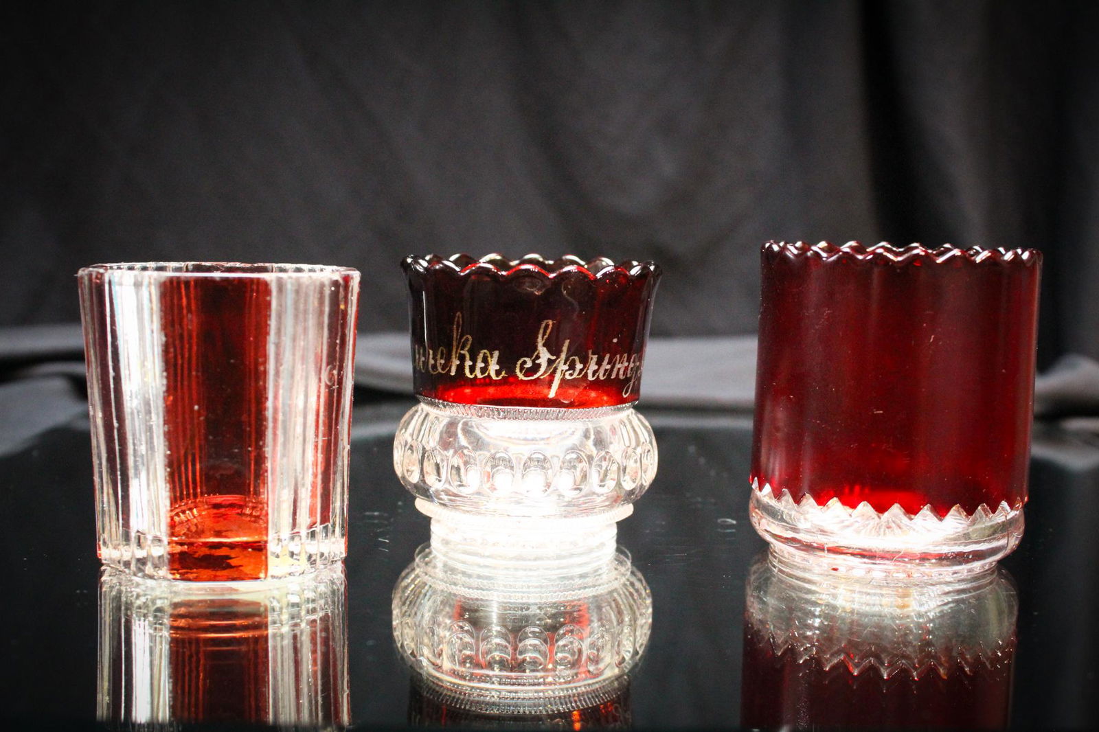 3 pc Lot Victorian Ruby Stained Toothpick Holders: Nice offering of some Ruby Stained example toothpicks including one that is souveniered.