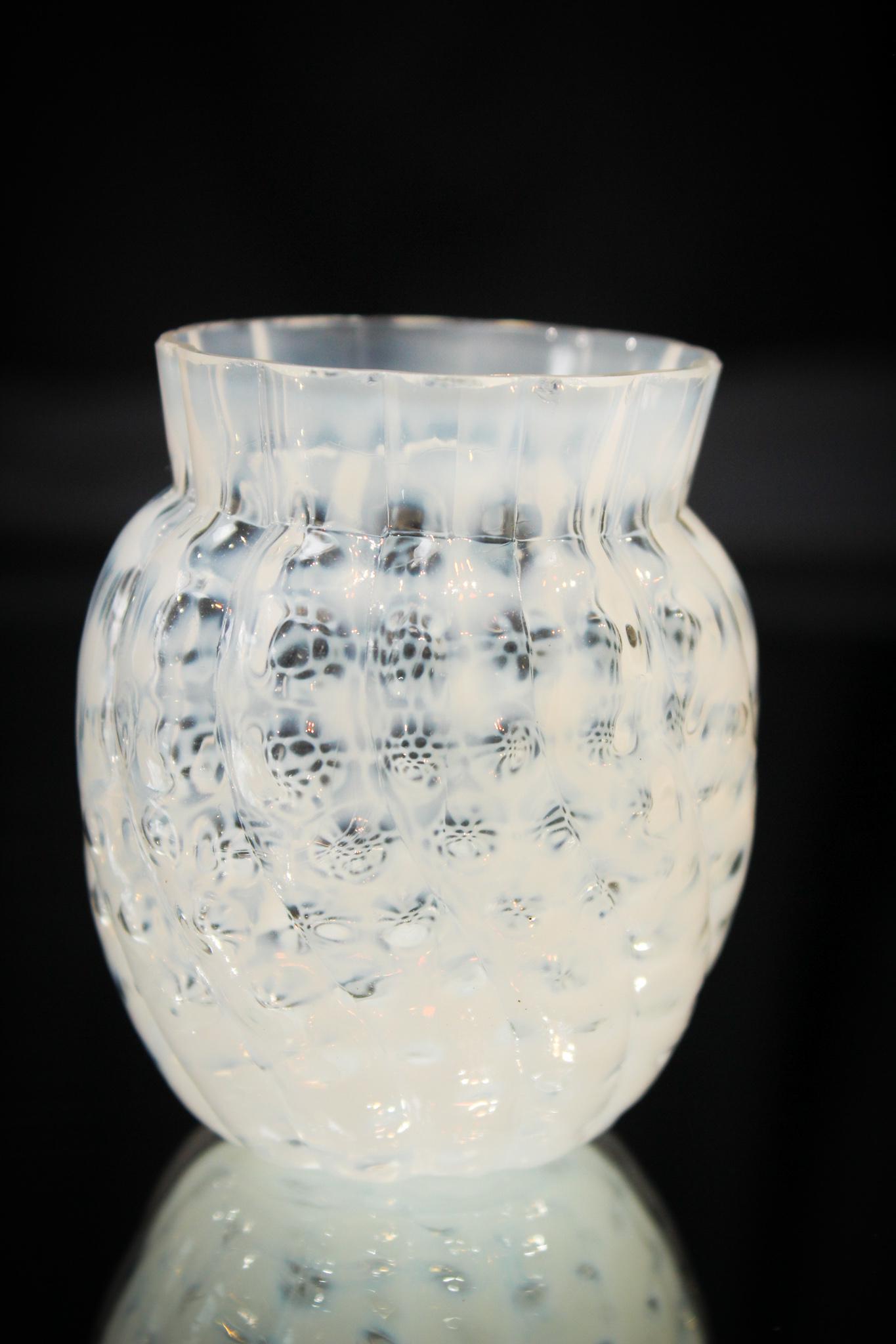 Hobb's Windows Swirled Opalescent Toothpick Holder: You see the cranberry and the blue but think about it. How often the white opalescent? Seldom right? Nice clean example here.