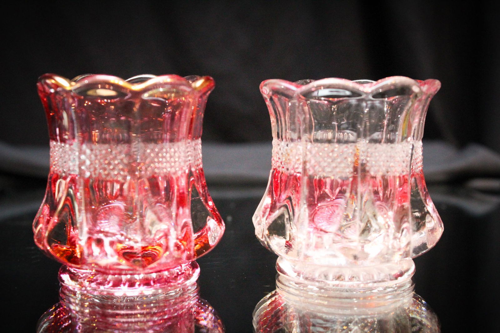 2 pc Lot banded Portland Victorian Toothpick Holders: Offered here are two Banded Portland pattern Victorian toothpick holders. Each are unique in the decoration. Check them out!