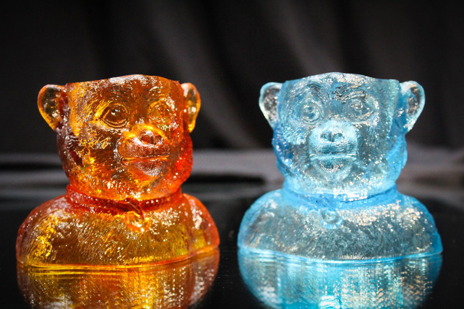 2 pc Lot Victorian figural Bear Toothpick Holders: Two cute teddys hear folks. A blue and amber Victorian Toothpick Holder. Charming.