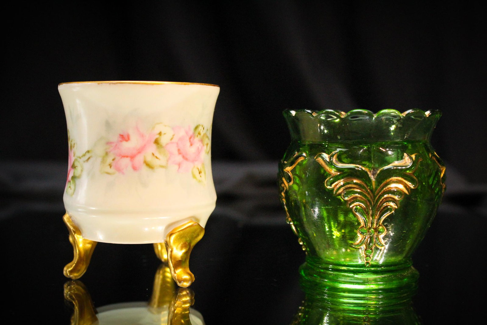 Heisey Winged Scroll & More Toothpick Holders: Been waiting for a Heisey Winged Scroll green with gold Toothpick and never been able to secure one? Well folks here is your chance. A great example too. A choice porcelana toothpick is along for the 