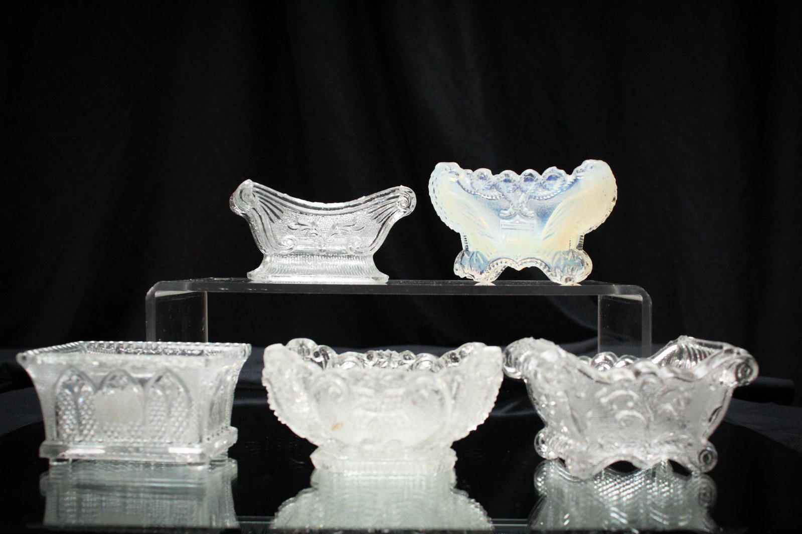 5 pc Lot Sandwich Lacy Flint Open Salts: Wonderful assortment of Sandwich Lacy open salts. Tallest measures 2" tall.