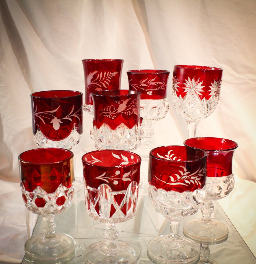8 pc Lot Victorian EAPG Ruby Stain Wine Stems: Quite the array here folks. If you love Ruby Stained glass, we have some nice pieces. But don't we always have nice things?