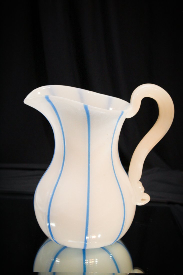 Rare Pillar Molded Alabaster Blue Water Pitcher: Rare Pillar Molded alabaster and blue attributed to New England Glass Water Pitcher. The piece measures 9" tall.